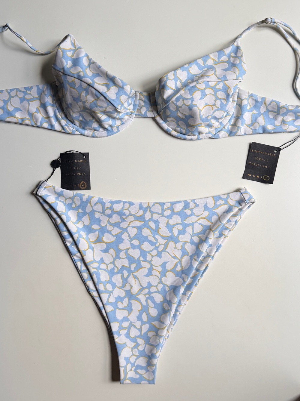 SKATIE Swim Bikini Set KATE Top+KELLY Bottoms-Light Blue Heart Floral-Nantucket